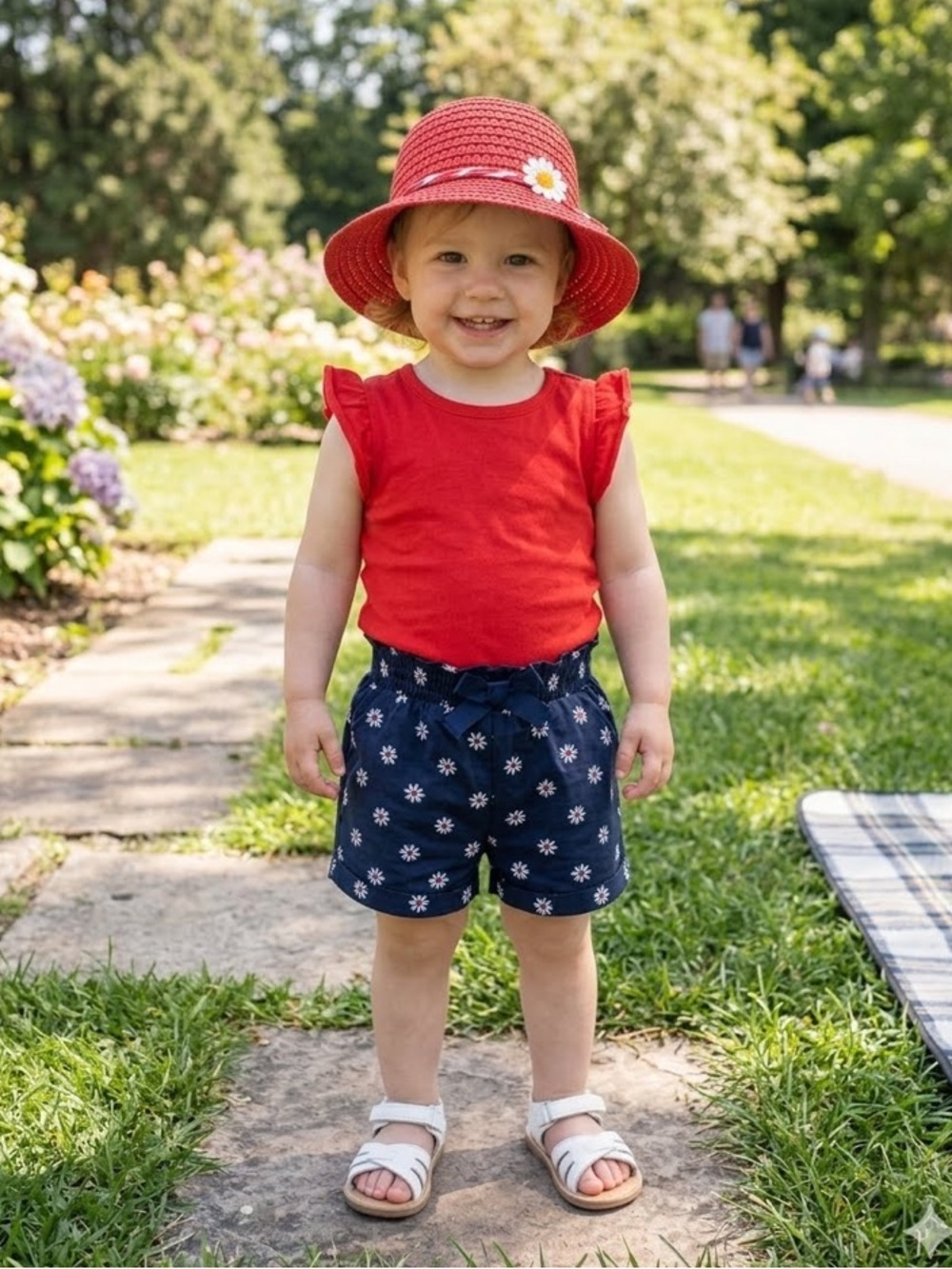 Baby GAP 3pc Set Red Top, Navy Floral Shorts & Red Straw Hat Size 3T